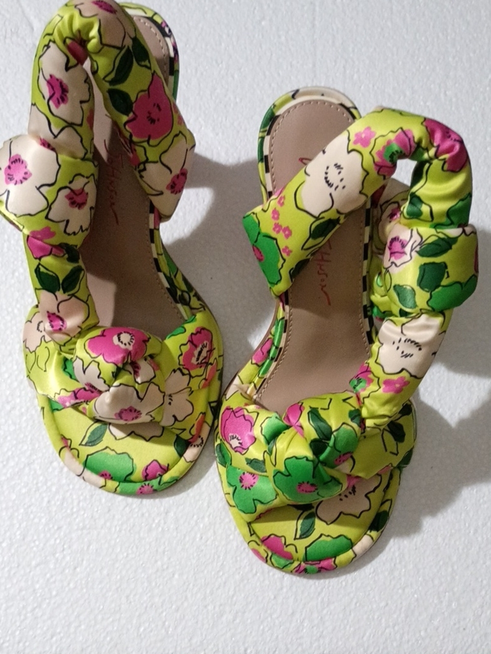 Betsey Johnson Lime Green Floral Knot Puff Sandals with Pink & Cream Accents
